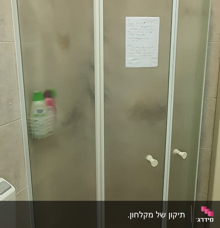 מקלחון עם דלתות זכוכית חלבית ומוצרים על המדף